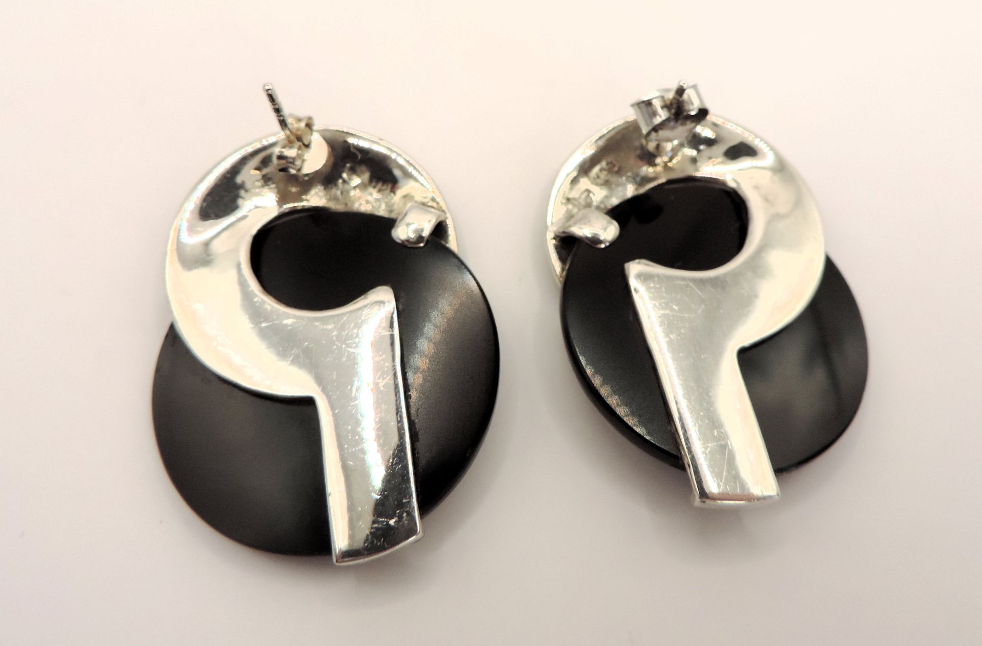 Art Deco Sterling Silver Black Onyx & Marcasite Stud Earrings - Image 3 of 3