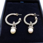 Artisan Sterling Silver Cultured Pearl Hoop Earrings New with Gift Pouch