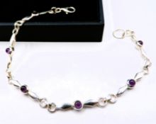 Sterling Silver Cabochon Amethyst Gemstone Bracelet with Gift Pouch
