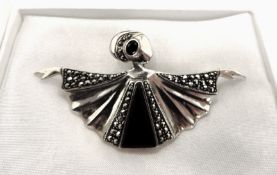 Sterling Silver Black Onyx & Marcasite Art Deco Style Brooch