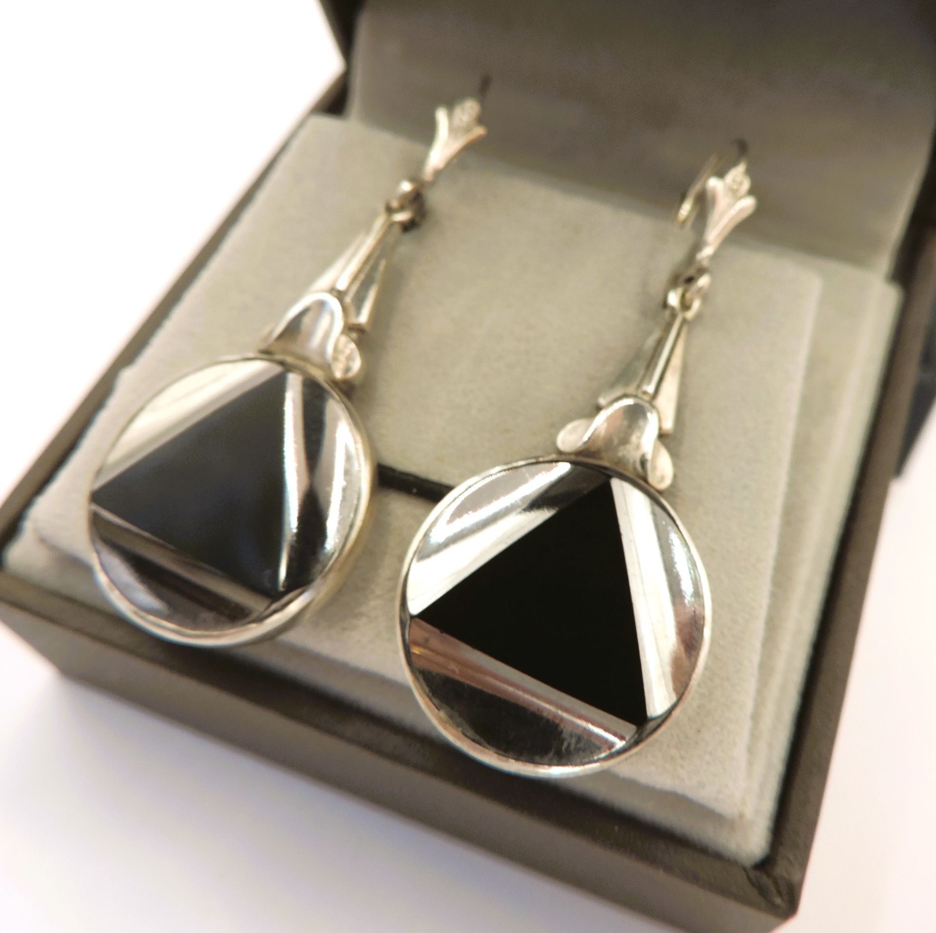 Vintage Art Deco Silver Onyx Drop Earrings - Image 3 of 5