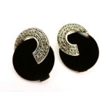 Art Deco Sterling Silver Black Onyx & Marcasite Stud Earrings
