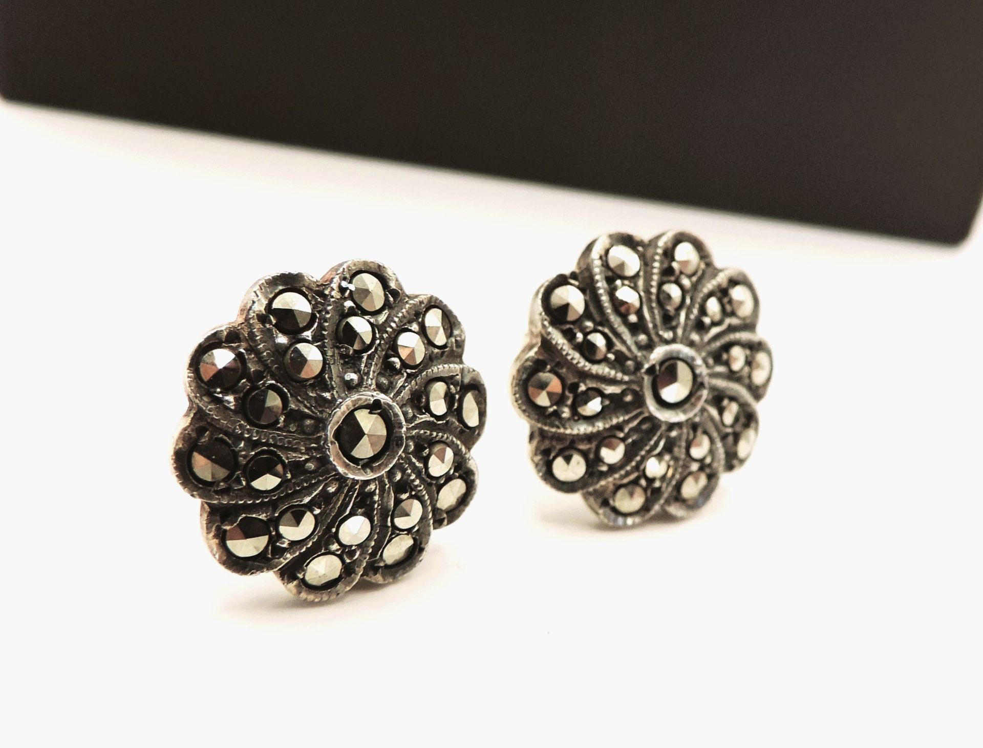 vintage Sterling Silver Marcasite Flower Head Stud Earrings