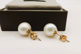 Cultured Pearl Stud Earrings Gold on Sterling Silver 10mm Pearls New with Gift Pouch