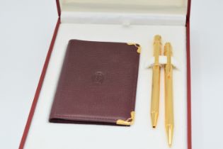 Brand New - Cartier - Rare - Cartier Must II Gold Plated Ballpoint, Lead Pencil and Leather Walle...