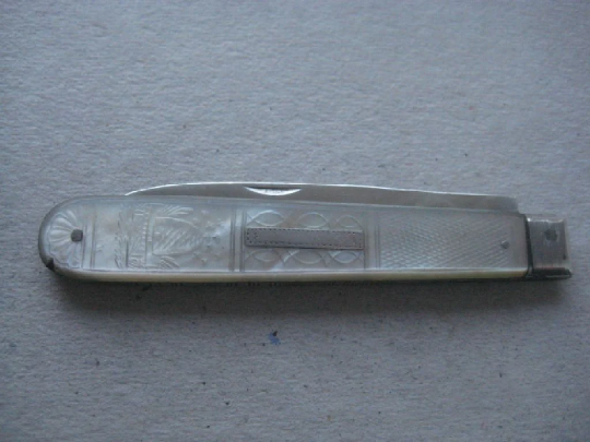 William IV Beehive Decorated Mother of Pearl Hafted Silver Bladed Folding Fruit Knife - Image 9 of 10