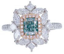 3.26Ct Radiant Cut Fancy Green/Blue Diamond Ring - GIA Certified