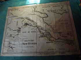 Rare - South East New Guinea Linen Map - G.W. Bacon & Co.-Showing LMS Stations - Ca.1900
