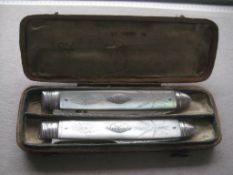 Rare George III Mother of Pearl Hafted Silver Bladed Folding Fruit Knife and Folding Fork, Cased