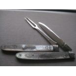 Rare George III Mother of Pearl Hafted Silver Bladed Folding Fruit Knife and Folding Fork