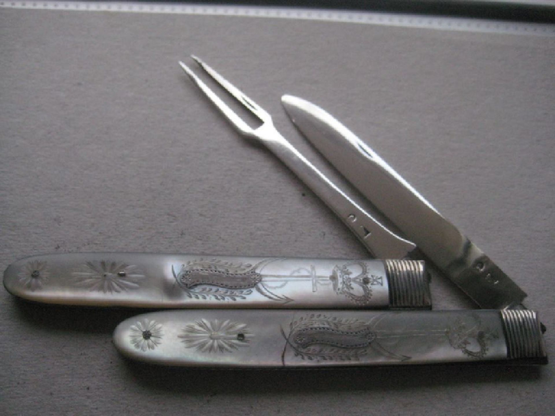 Rare George III Mother of Pearl Hafted Silver Bladed Folding Fruit Knife and Folding Fork