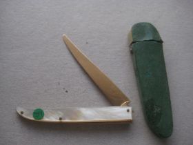 Rare French Gold Bladed Folding Fruit Knife, Cased
