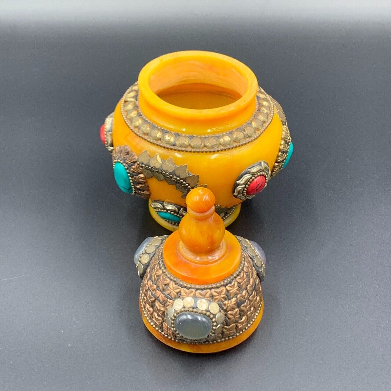 Vintage Handmade Old Nepalese Amber Jewel Jar With Agate Stones, Collectible - Image 2 of 5