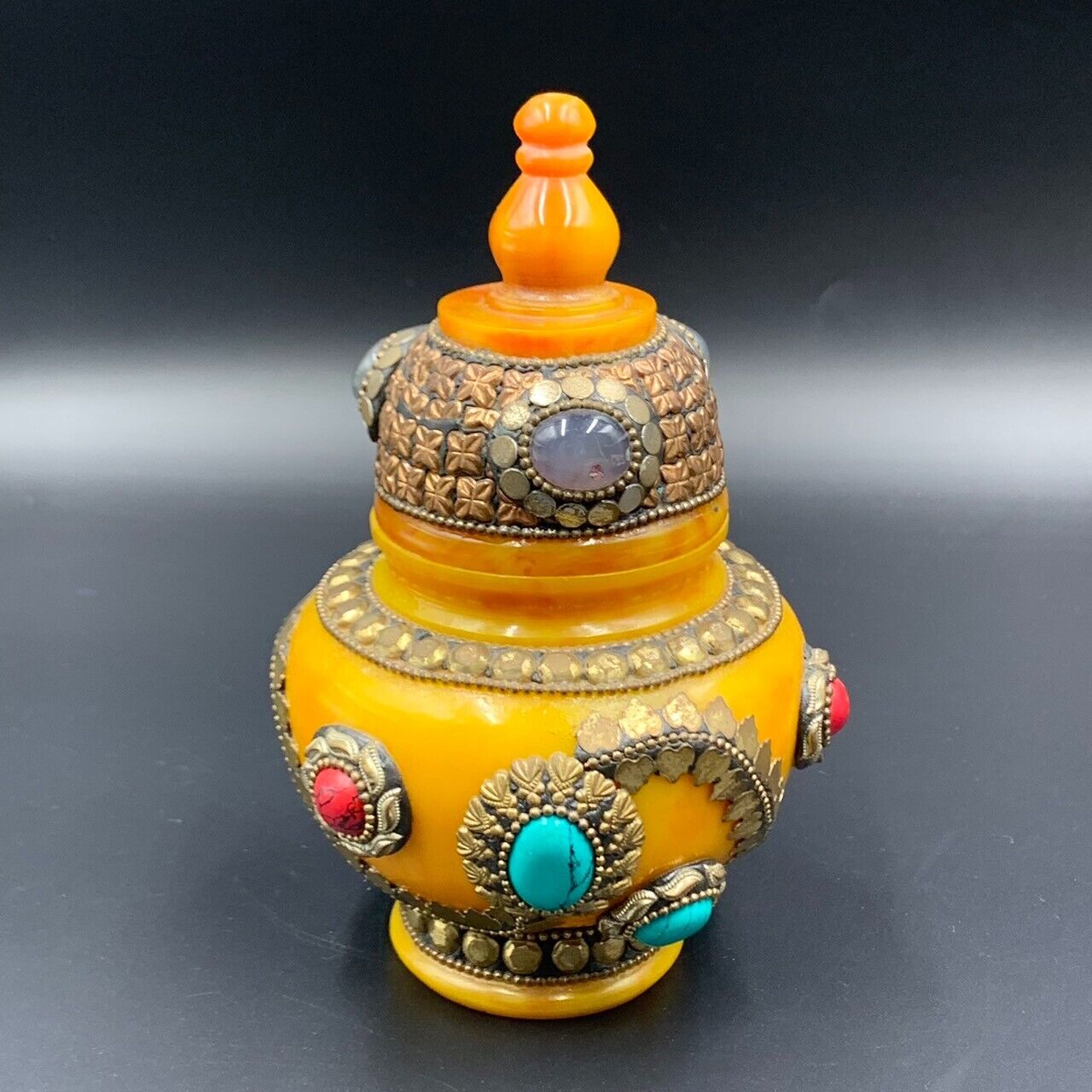 Vintage Handmade Old Nepalese Amber Jewel Jar With Agate Stones, Collectible - Image 5 of 5