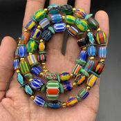 Chevron Trade Glass Beads With Antique Turquoise ChipStone Beads Necklace