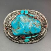 Handmade Natural Turquoise, Coral With 925 Silver Belt Buckle, Best Quality
