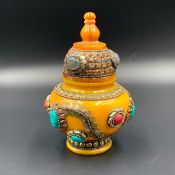 Vintage Handmade Old Nepalese Amber Jewel Jar With Agate Stones, Collectible