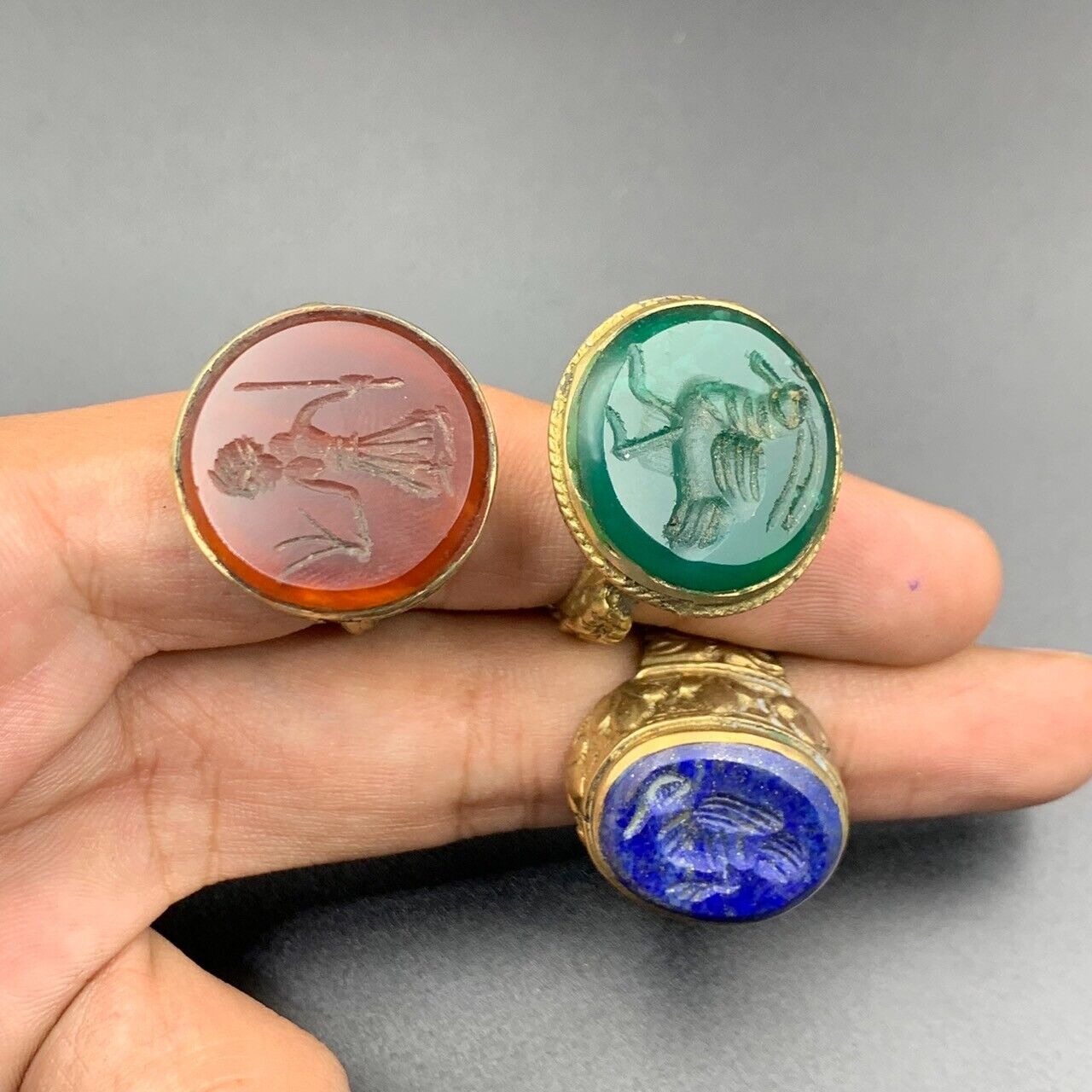 3 Piece Near Eastern Antique Agate, Carnelian & Lapis Lazul Bronze Rings