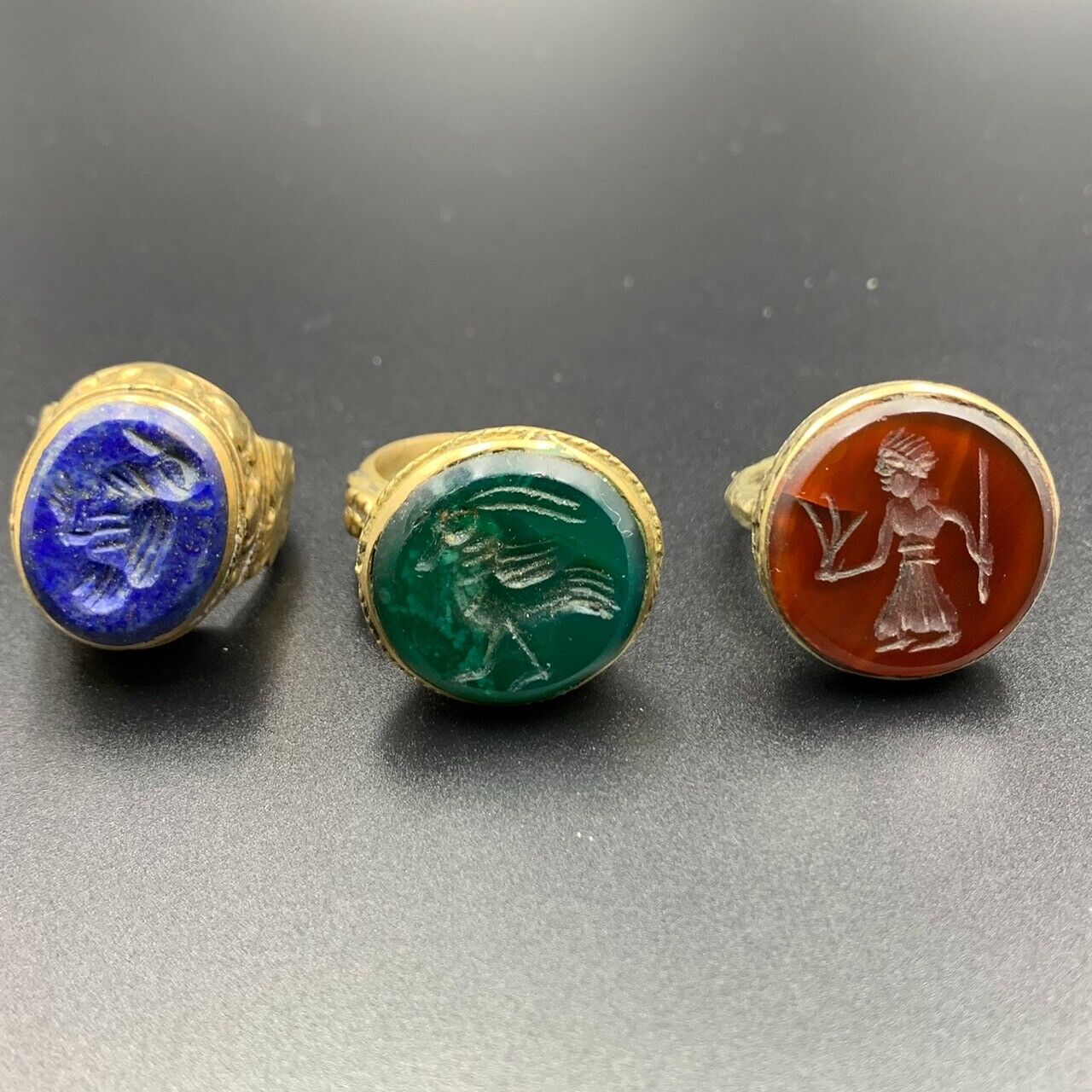 3 Piece Near Eastern Antique Agate, Carnelian & Lapis Lazul Bronze Rings - Image 3 of 7