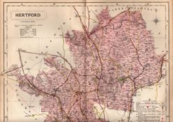 The County of Hertfordshire Large Victorian Letts 1884 Antique Coloured Map.