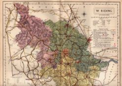 Yorkshire West Riding Large Victorian Letts 1884 Antique Coloured Map.