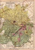 The County of Shropshire Large Victorian Letts 1884 Antique Coloured Map.