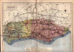 The County of Sussex Large Victorian Letts 1884 Antique Coloured Map.