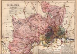 The County of Middlesex London Large Victorian Letts 1884 Antique Coloured Map.