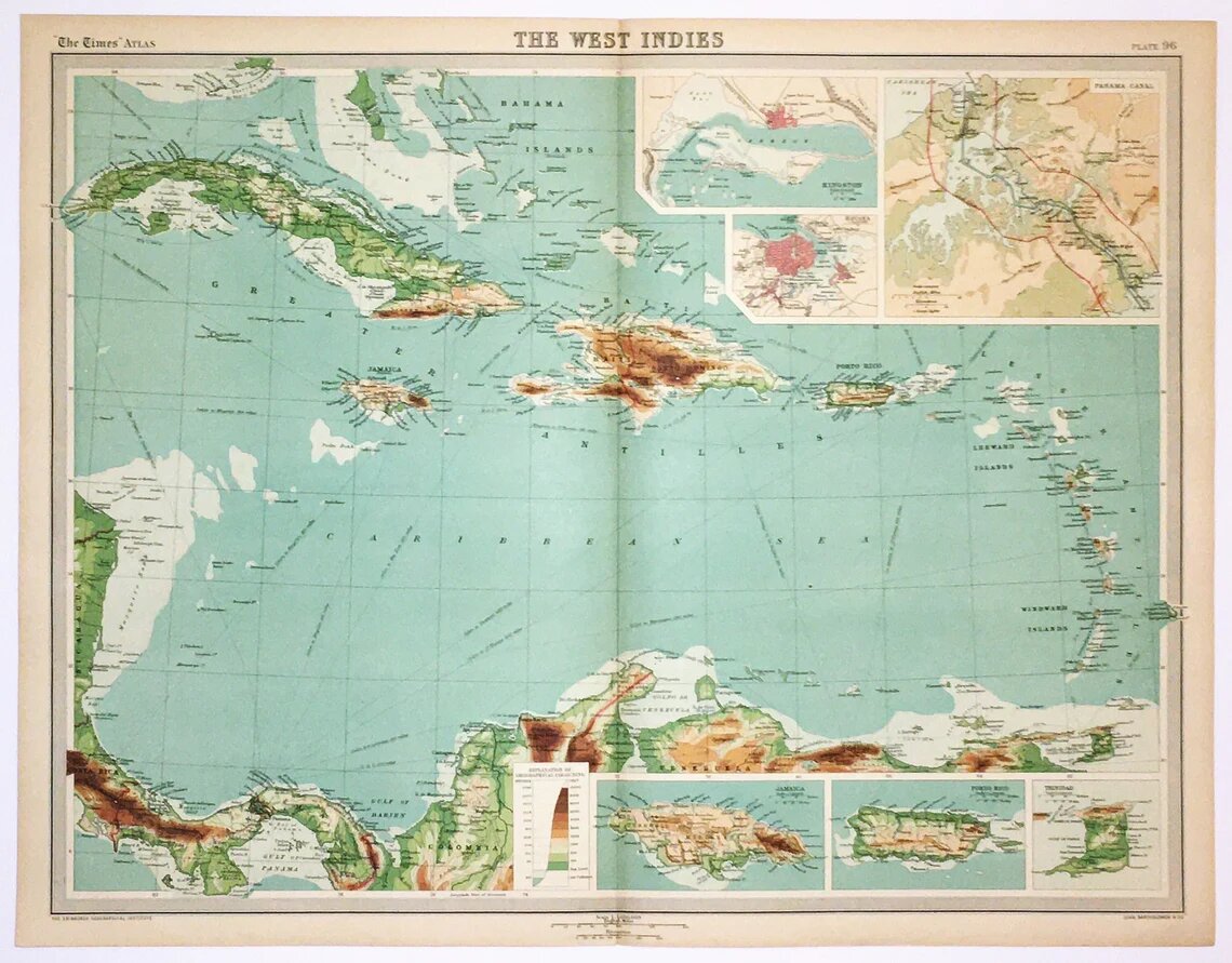 Antique West Indies Kingston, Havana, Jamaica, Puerto Rico and Trinidad Map