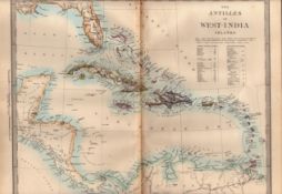 The Antilles or West Indies Islands Antique Coloured Victorian c1850 Map.