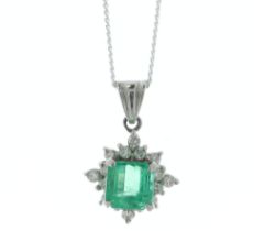 Platinum Emerald Cluster Diamond and Emerald Pendant (E1.42) 0.32 Carats