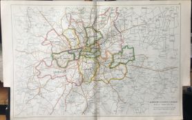 Bacons Rare Vintage London County Courts Bus & Tram Routes Map.