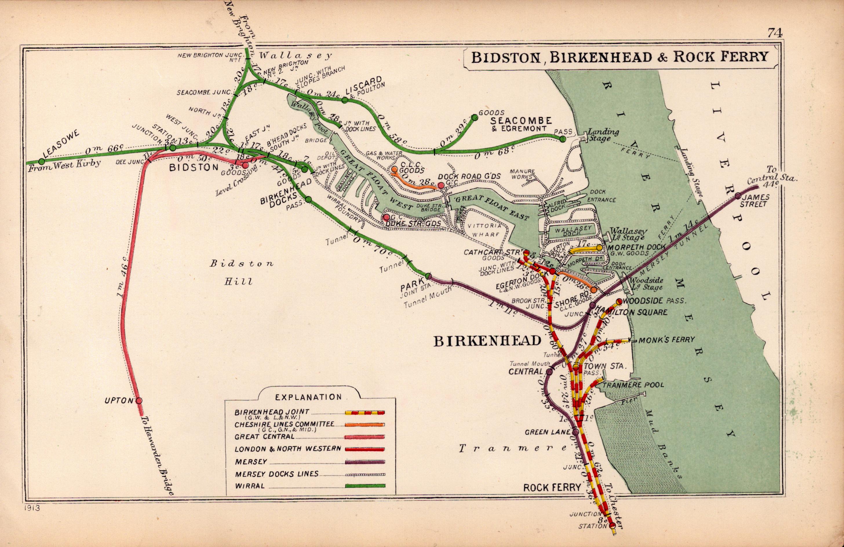 Bidston Birkenhead Rock Ferry River Mersey Antique Railway Diagram-74.