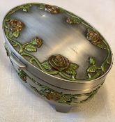 Vintage Oval Silver Plated and Enamel Floral Trinket/ Jewellery Box L10.5cm H5cm