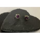 Vintage Screw Back Sterling Silver Purple Amethyst and Diamond Earrings