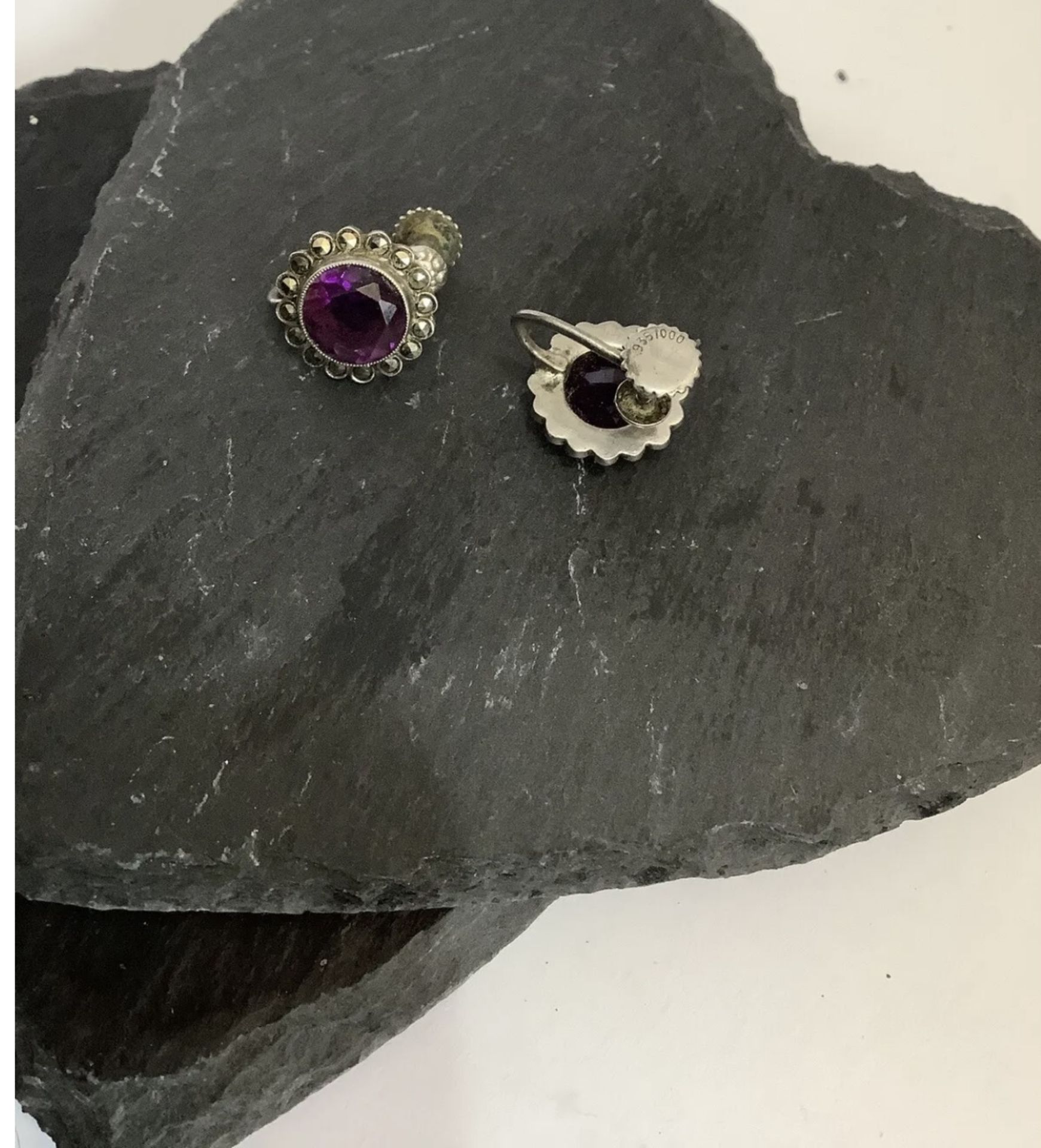 Vintage Screw Back Sterling Silver Purple Amethyst and Diamond Earrings - Bild 2 aus 2