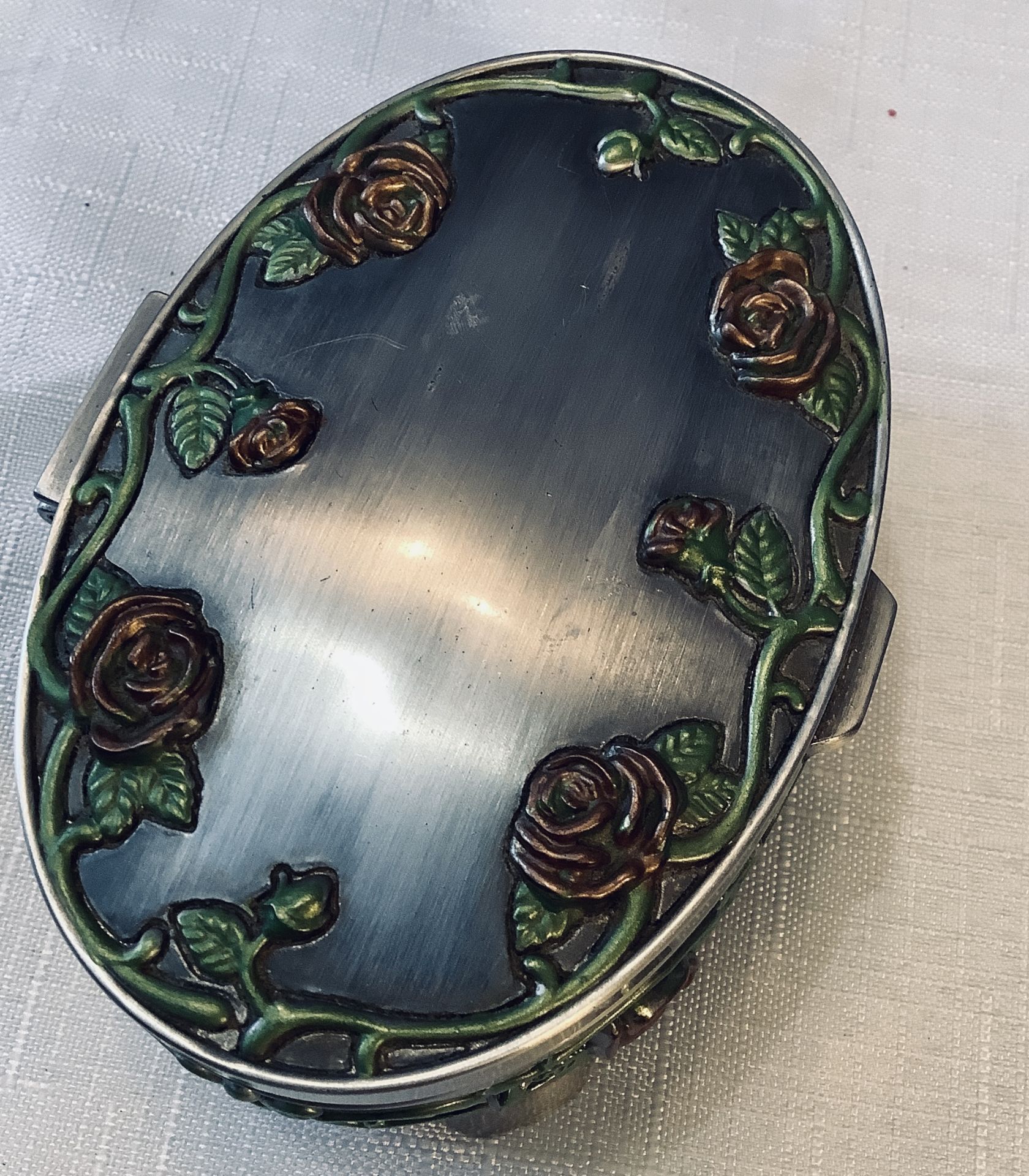 Vintage Oval Silver Plated and Enamel Floral Trinket/ Jewellery Box L10.5cm H5cm - Bild 4 aus 6