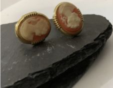 Vintage Yellow Metal Coral Cameo Clip On Earrings