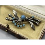 Vintage Scimitar Style Brooch Silver Tone Pin Faux Turquoise Blue Glass Orb