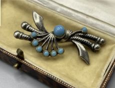 Vintage Scimitar Style Brooch Silver Tone Pin Faux Turquoise Blue Glass Orb