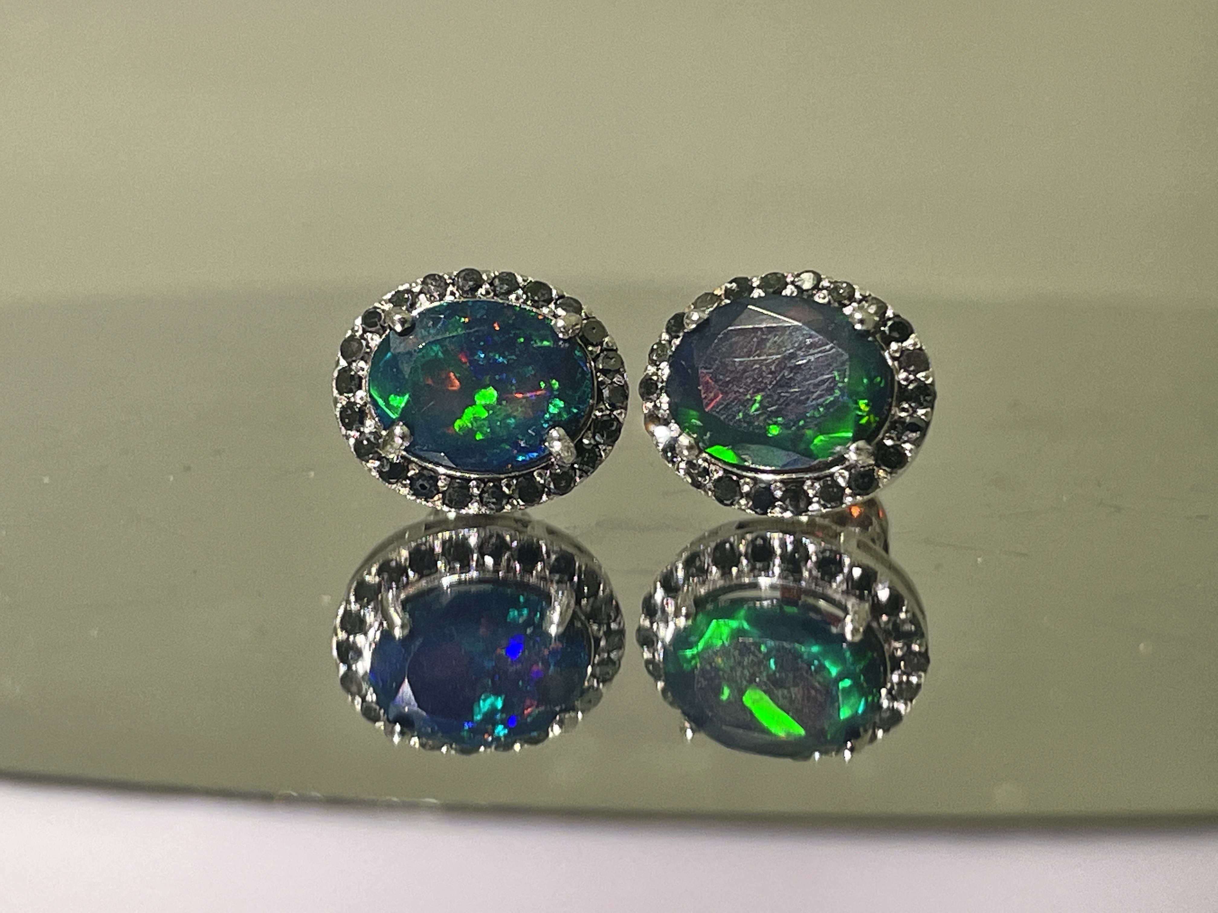 Beautiful Natural Black Opal Earrings With Natural Black Diamond & 18k Gold - Image 2 of 11