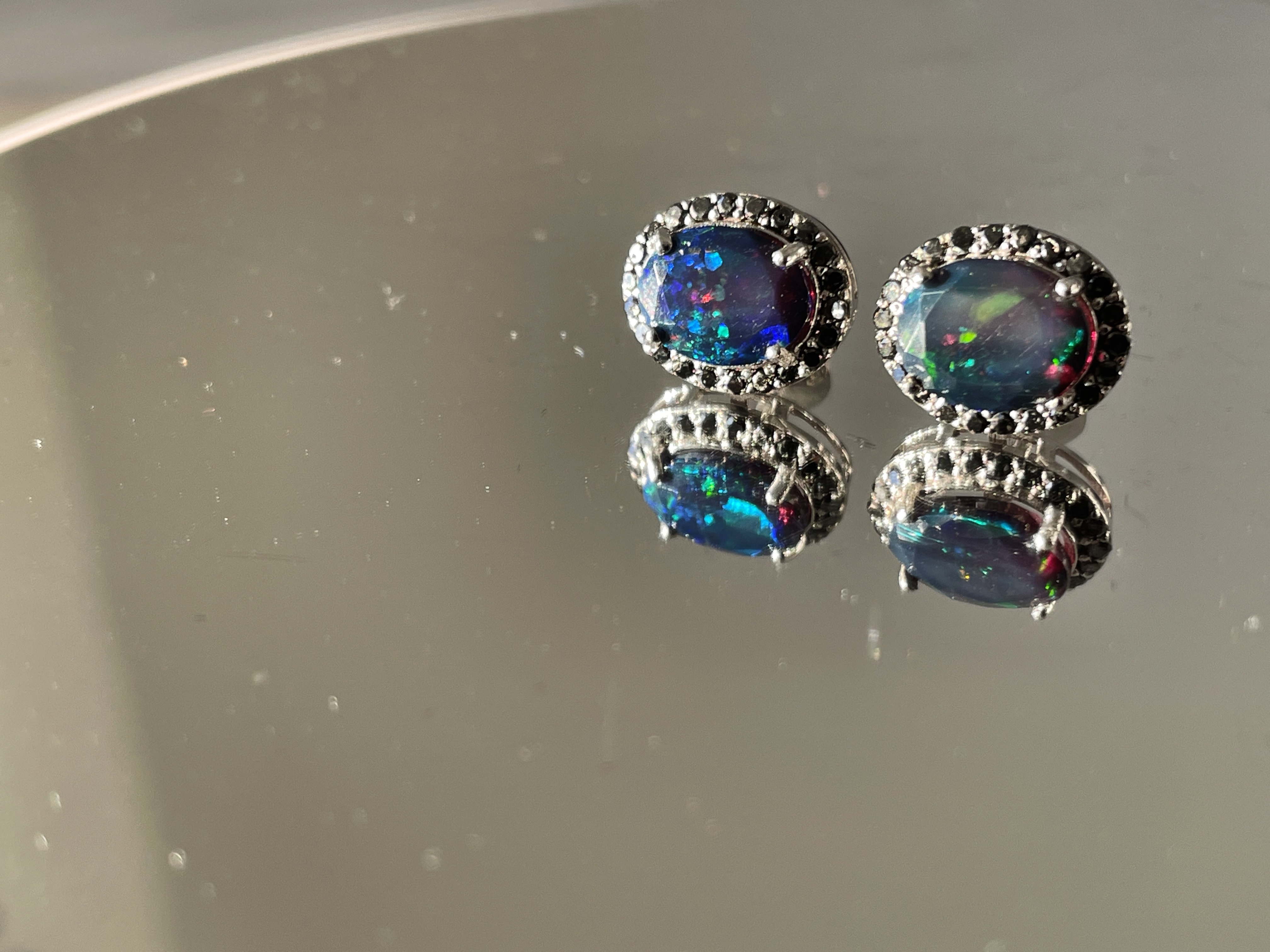 Beautiful Natural Black Opal Earrings With Natural Black Diamond & 18k Gold - Image 9 of 11
