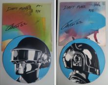 A Pair of Rare Daft Punk Original Painted Artworks Done On Old Vinyl Records & Covers. Signed “CA...