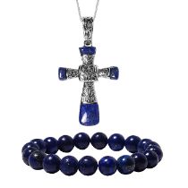 New! 2 Piece Set - Lapis Lazuli Stretchable Bracelet & Cross Pendant