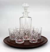 Cut Glass Crystal Decanter & 6 Glasses on Mahogany Stand