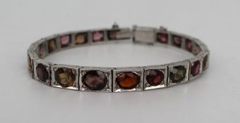 Antique Russian Garnet & Tourmaline Engraved Silver Bracelet