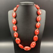 Stunning Vintage Tumble Red Coral With Small Brass Beads Necklace