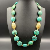 KCS-1, Vintage Tibetan Turquoise Beads With Brass Gold Tone Beads Necklace