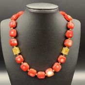 Awesome Cube Shape Vintage Coral With Brass Beads Necklace.