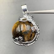 77.05 Cts Excellent Natural Tiger Eye Sphere With Stainless Steel Dragon Pendant. QT-43